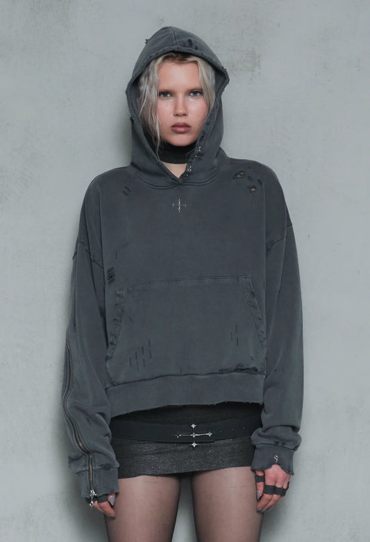 Hoodie boxy dark grey distressed 001