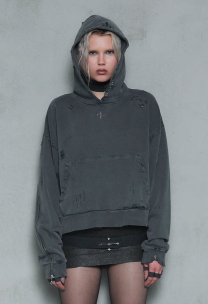 Hoodie boxy dark grey distressed 001