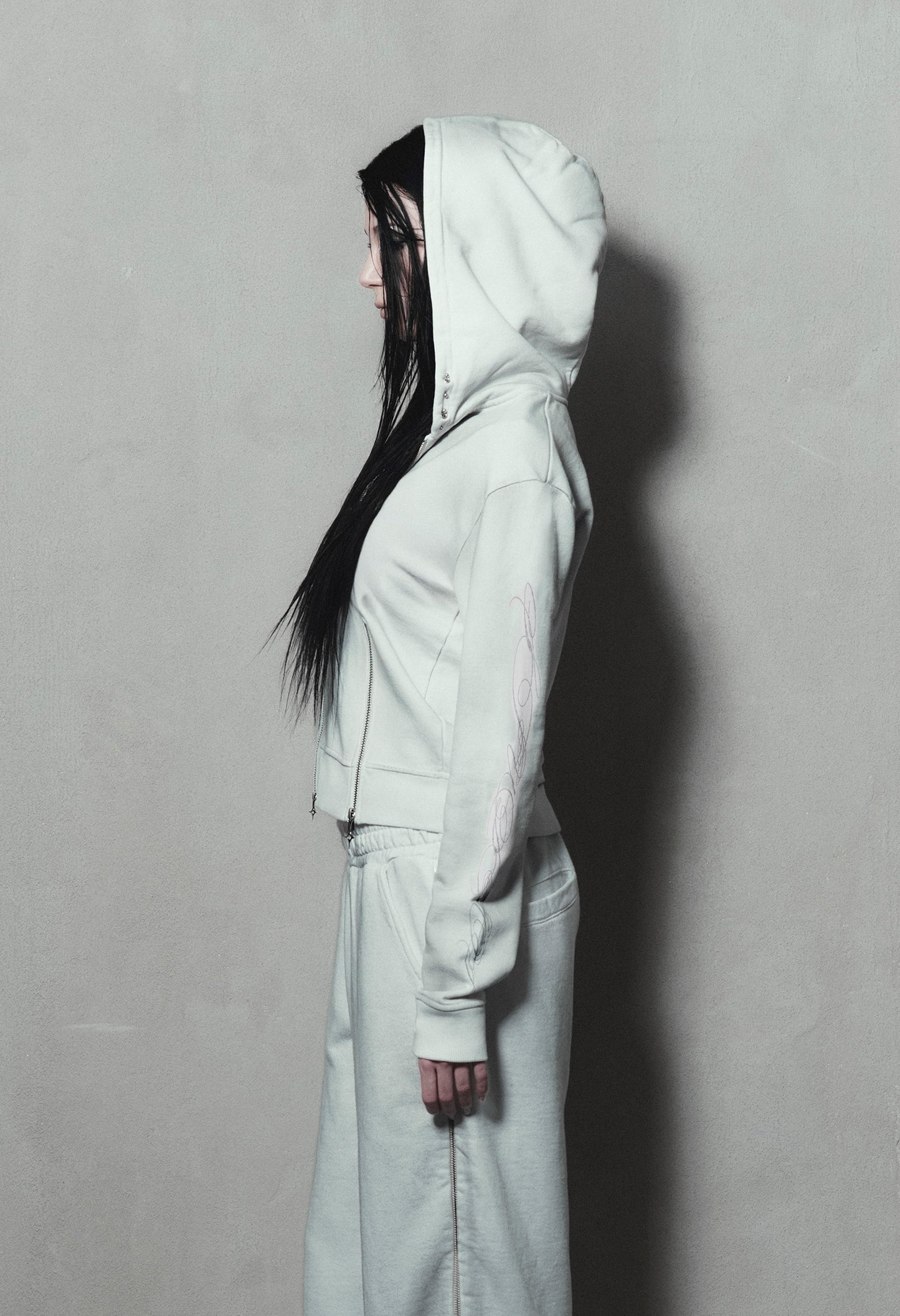 Zip Hoodie Fitted White "Dirt" 003