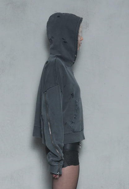 Hoodie boxy dark grey distressed 001