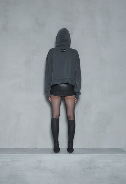 Hoodie boxy dark grey distressed 001