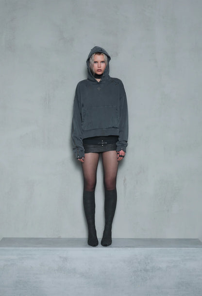 Hoodie boxy dark grey distressed 001