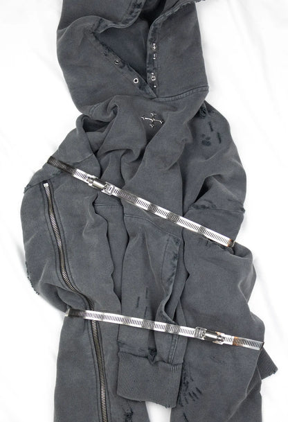 Hoodie boxy dark grey distressed 001