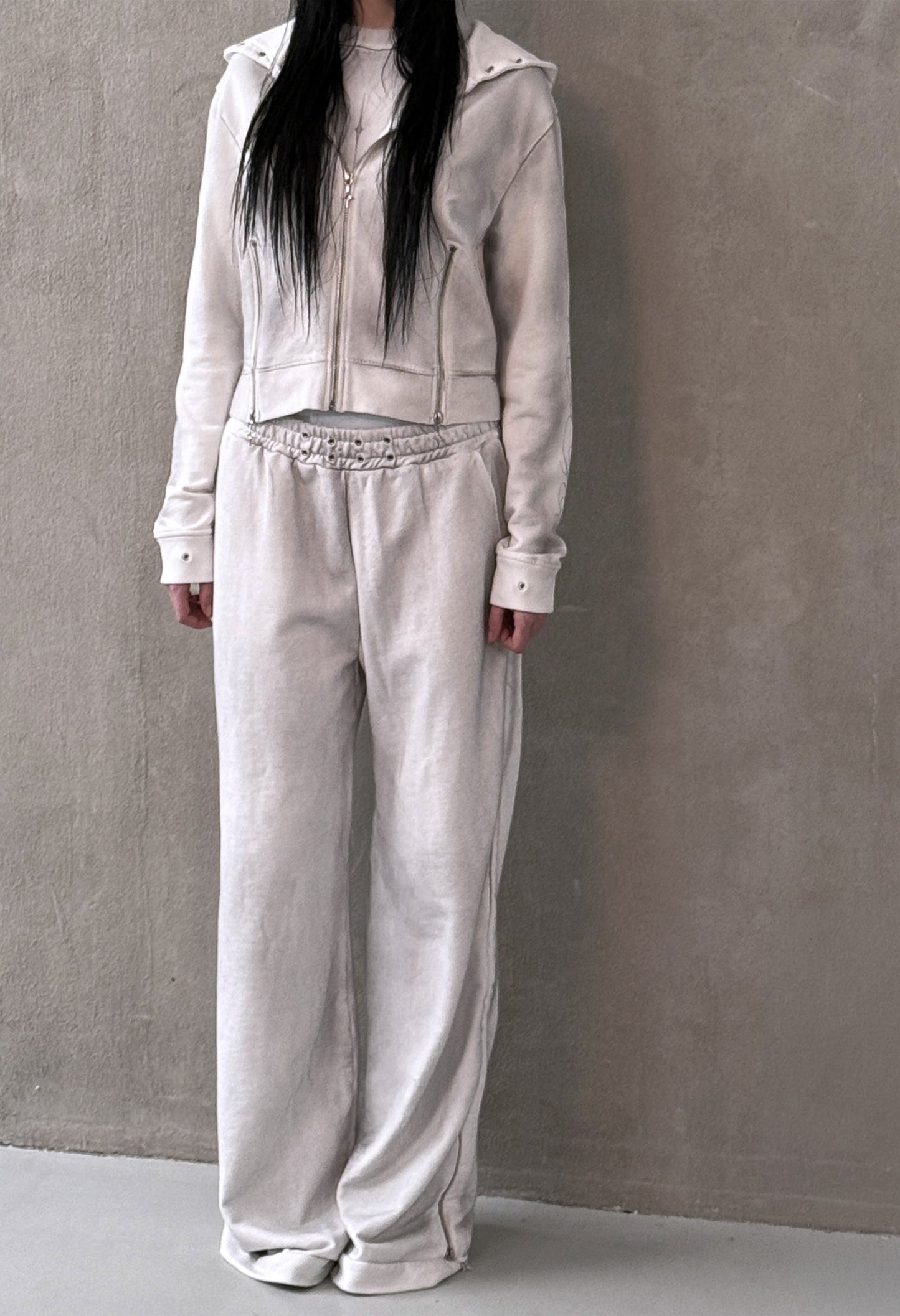 Zip Hoodie Fitted White "Dirt" 003