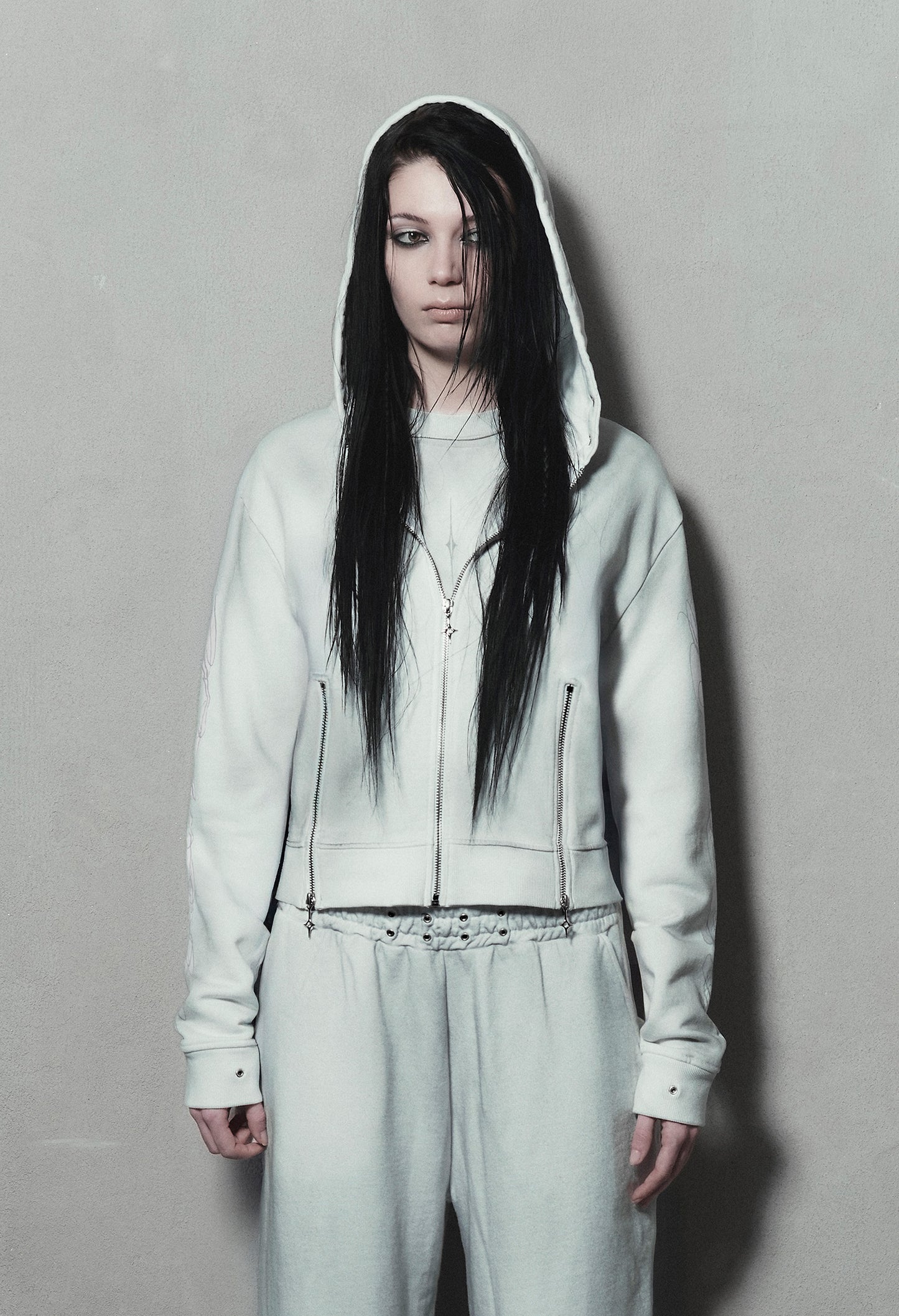 Zip Hoodie Fitted White "Dirt" 003