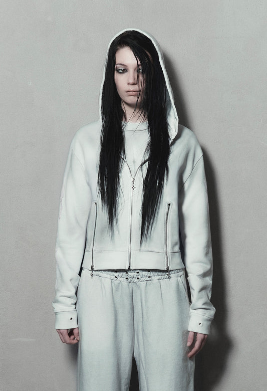 Zip Hoodie Fitted White "Dirt" 003