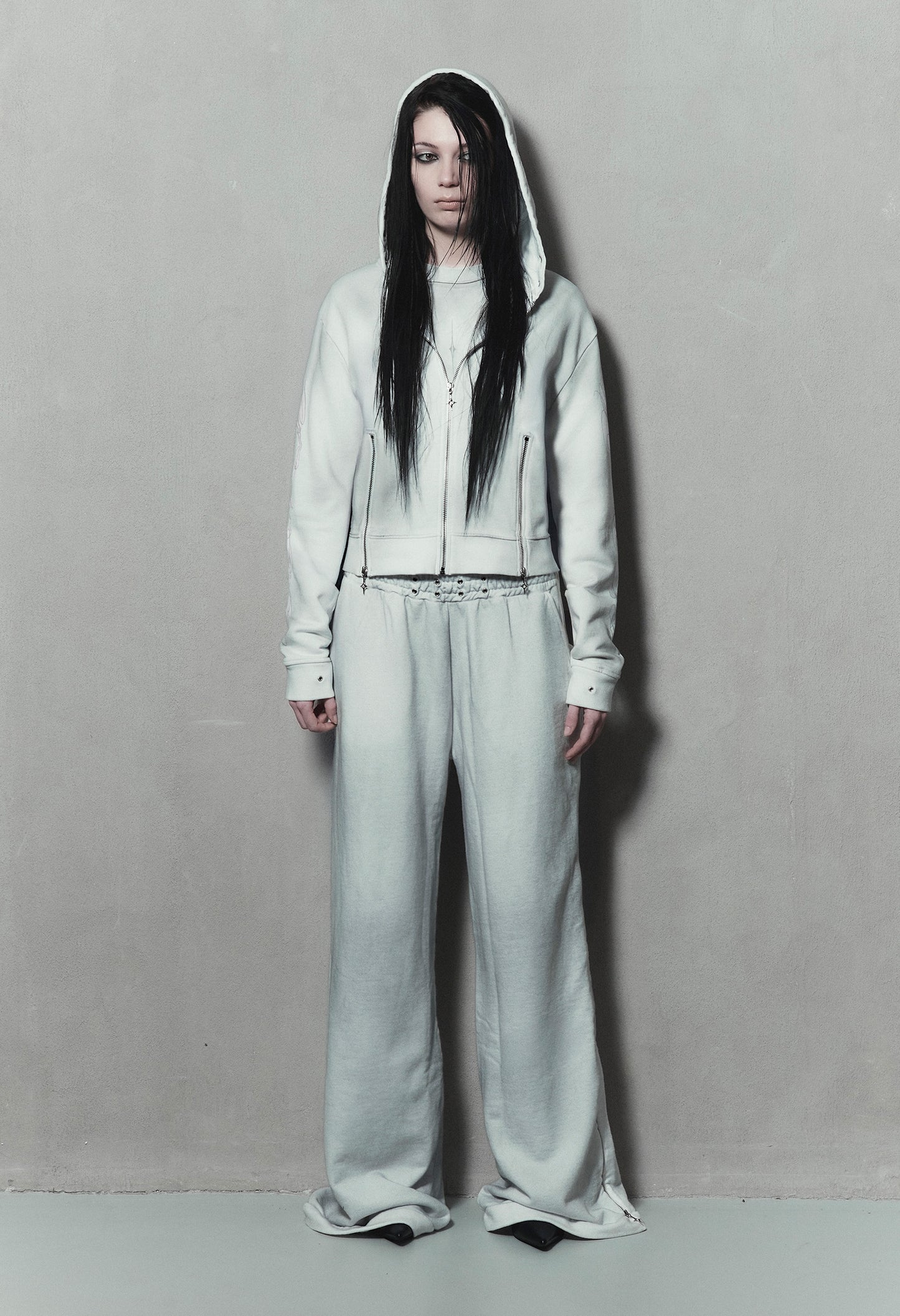 Zip Hoodie Fitted White "Dirt" 003