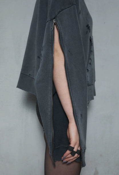 Hoodie boxy dark grey distressed 001